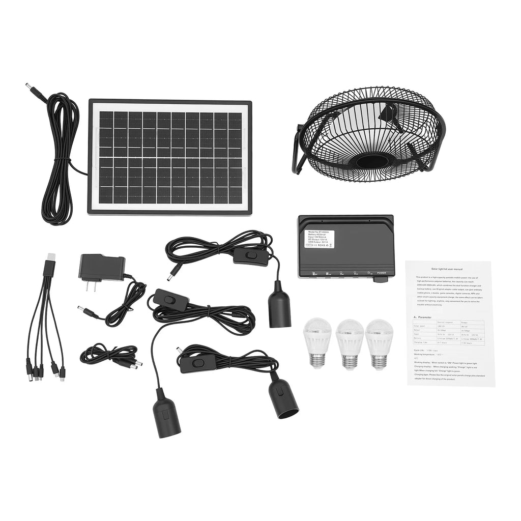 Solar Powered Fan with 3 Bulbs Air Extractor 110V Black Ventilator US Standard Freestanding for Small Greenhouses,Chicken Coops