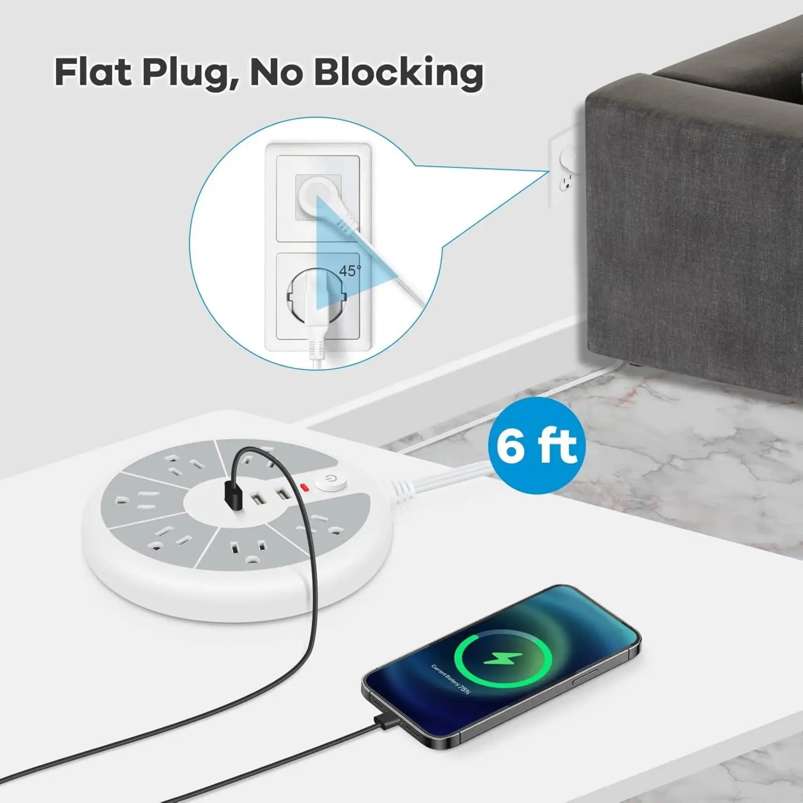 American Standard Disc Power Strip with 3 USB Sockets for Office, School, Family and Other Scenes