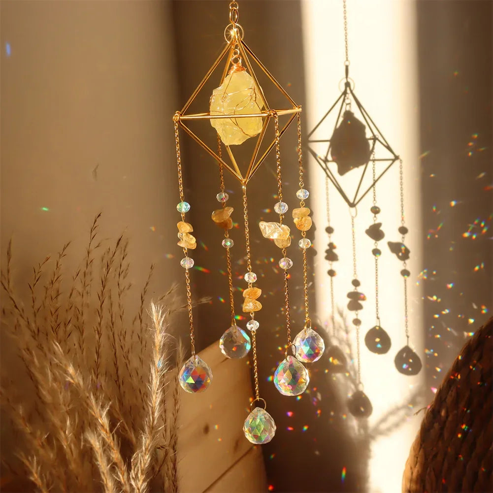 Crystal Wind Chime Star Moon Sun Catchers Windchimes Plated Colorful Beads Hanging Drop.
