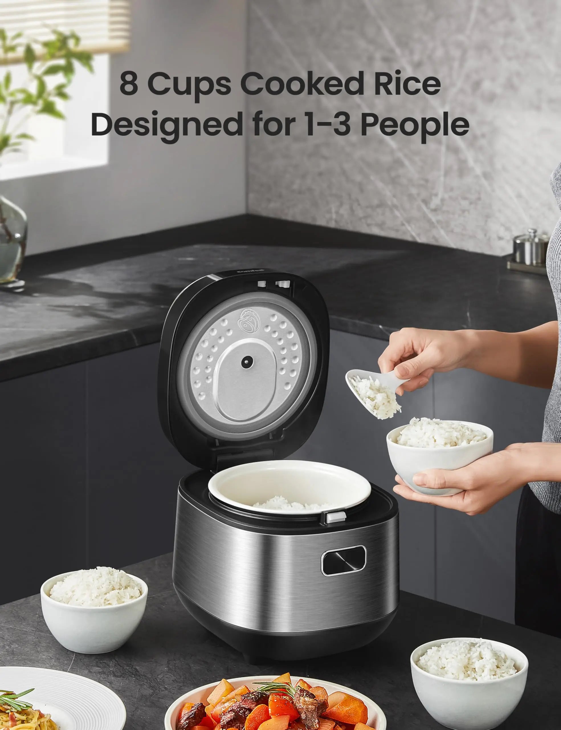 3. 9-in-1 Compact Rice Cooker with Fuzzy Logic - 8 Cup Fast Cooker for Rice, Grains & Steam, Ideal for Dorms