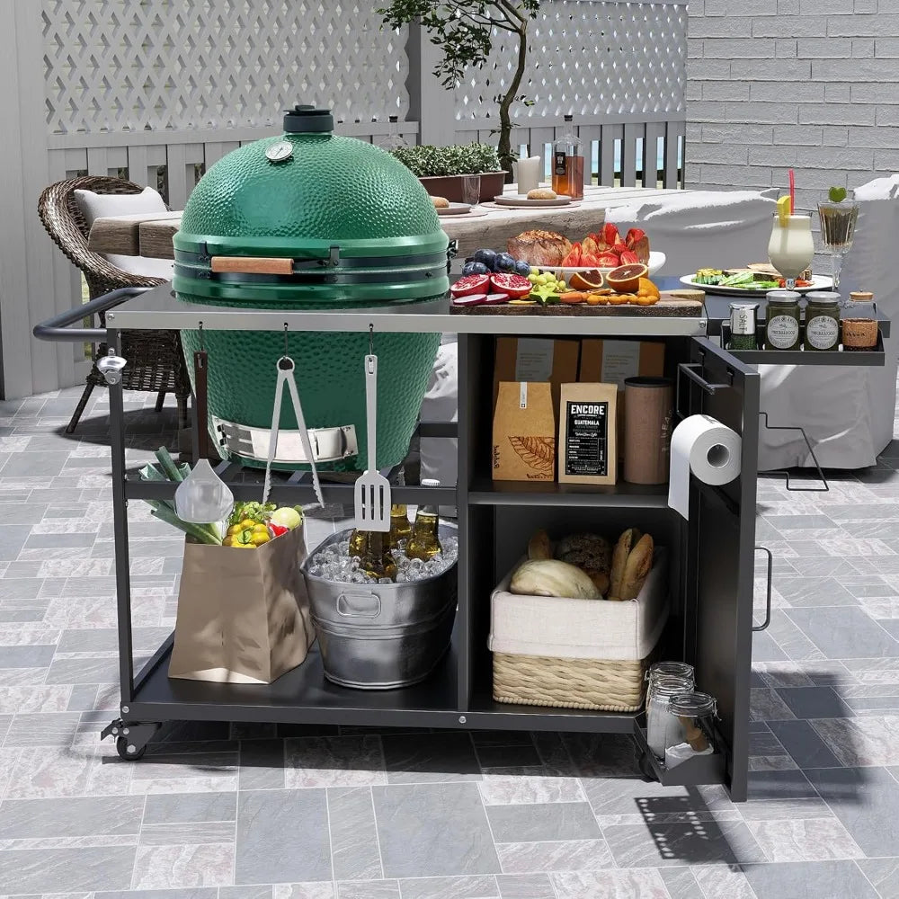 Heavy metal outdoor grill stand prep table with wheels, plenty of storage, for big green egg