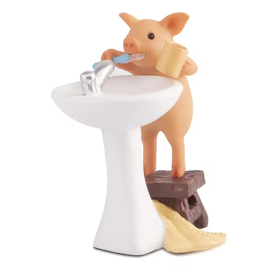 Adorable Piglet Brushing Teeth Figurine Resin Animal Decor Bathroom Desktop Cute Ornament Home Decorative Mini Statue Gift