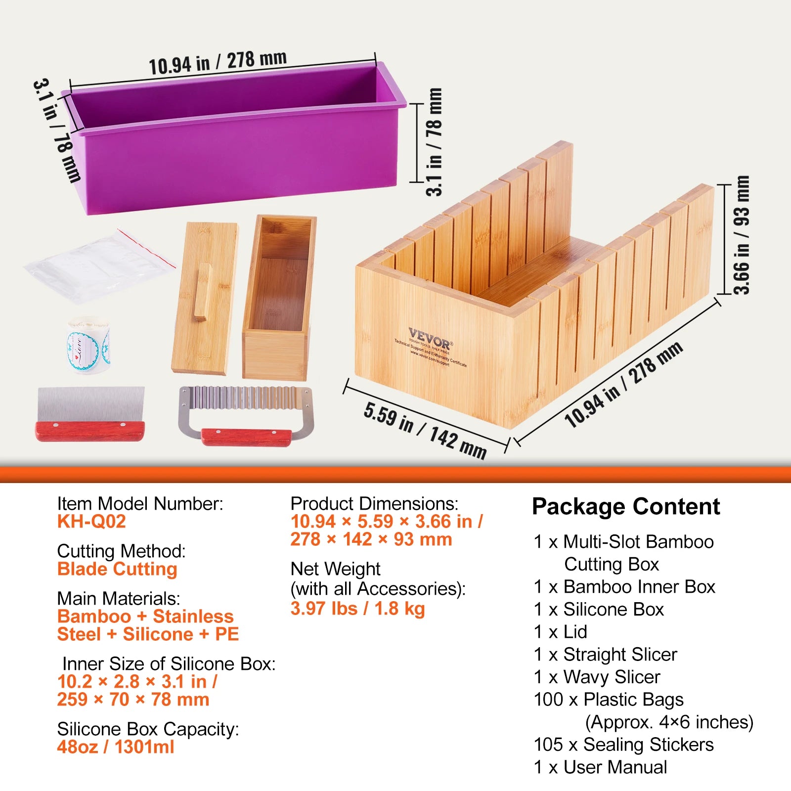 Soap Making Kit Bamboo Cutting Box and Inner Box with Silicone Mold Stainless Steel Straight Cutter and Wavy Cutter
