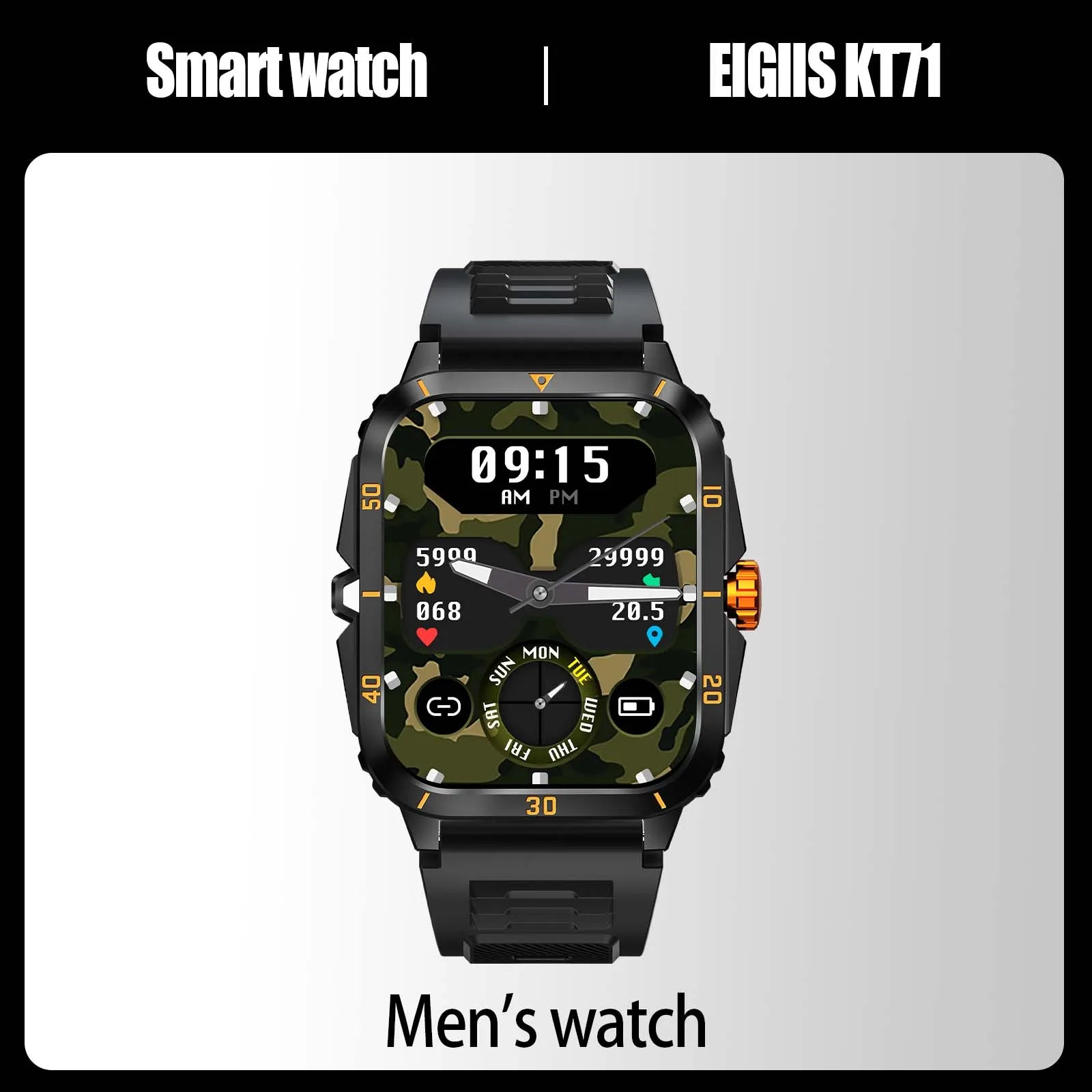 Smart Watch 3ATM Waterproof 1.96" IPS Screen Military KT71 Men 100+ Sport Mode Heart Rate Blood Pressure Bluetooth Call