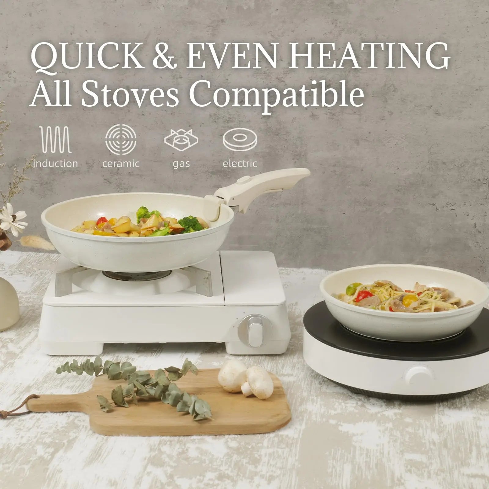 Ceramic Coated Cookware Set 8Pcs, Induction Compatible & Dishwasher Safe, Cream White