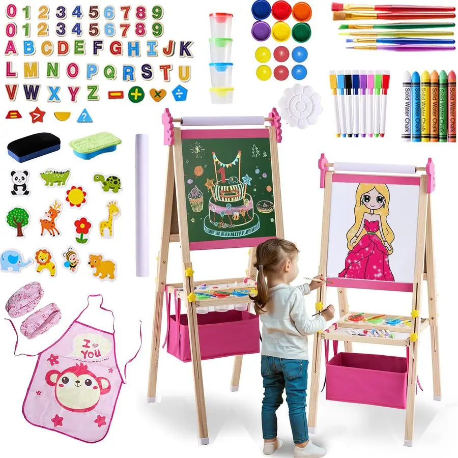 Easel for Kids Adjustable Wooden DoubleSided Magnetic Whiteboard and Chalk Board with Paper Roll, 100 Drawing Accessories Foldab