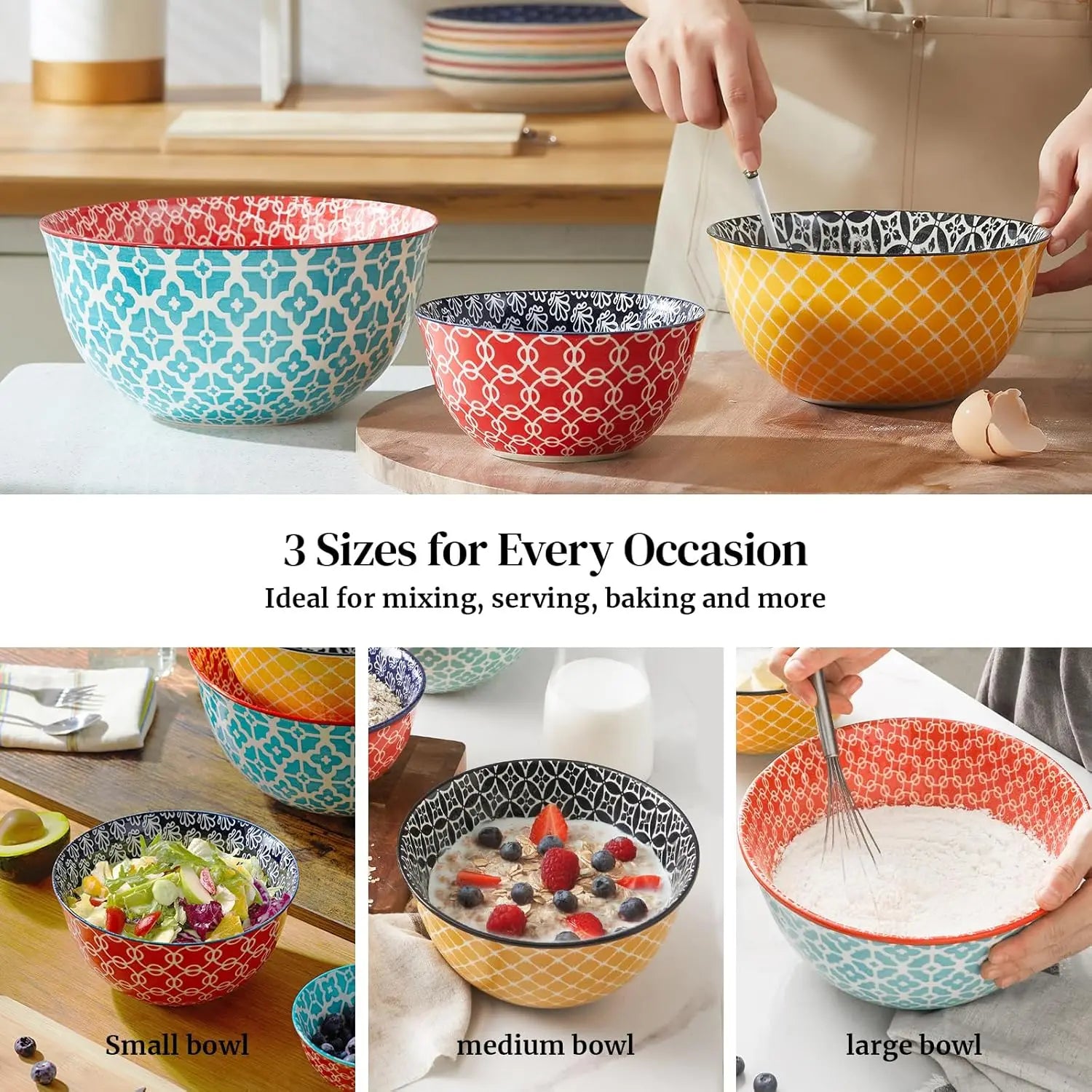 Colorful Ceramic Mixing Bowls Set of 3, Microwave & Dishwasher Safe for Cooking Baking Serving