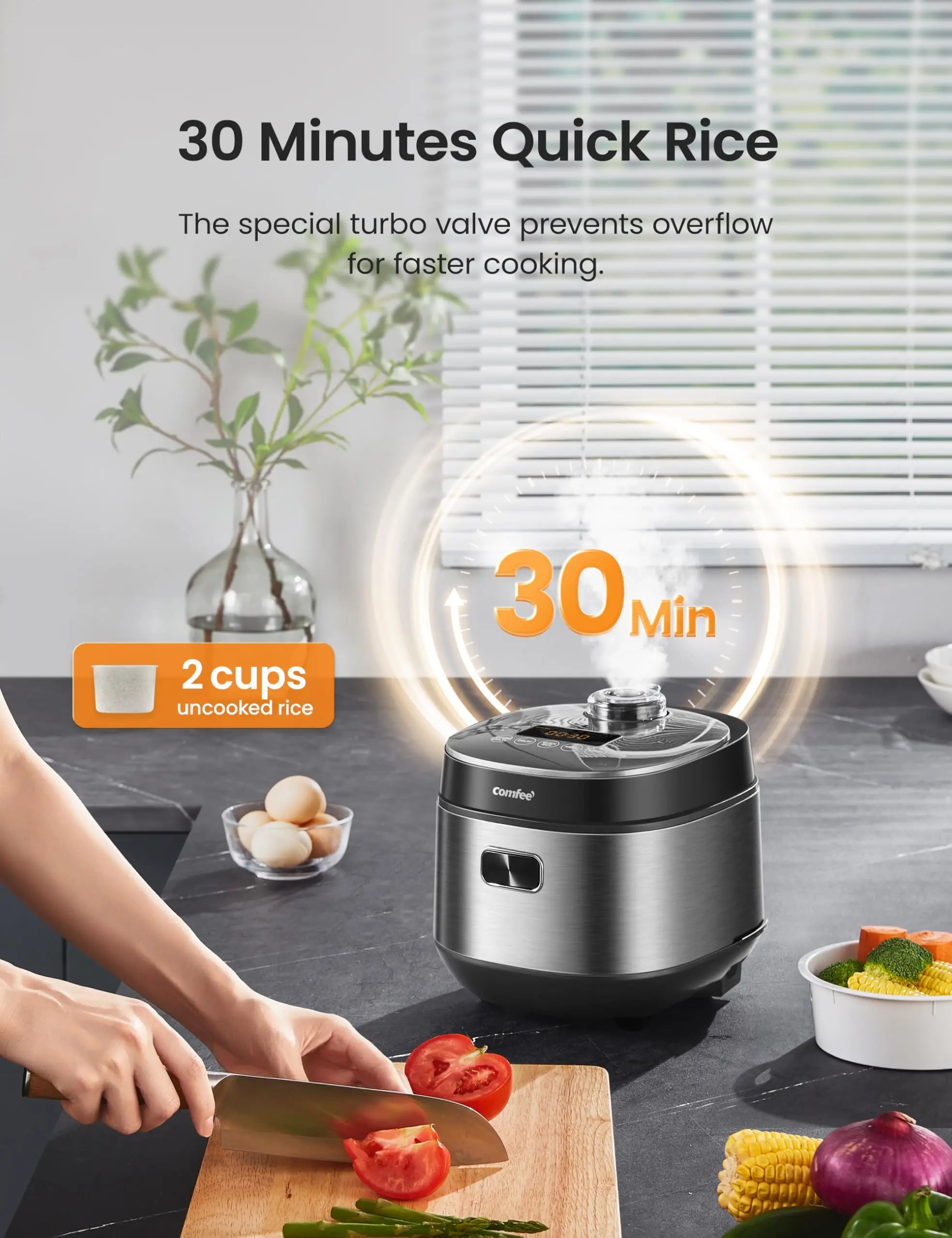 3. 9-in-1 Compact Rice Cooker with Fuzzy Logic - 8 Cup Fast Cooker for Rice, Grains & Steam, Ideal for Dorms