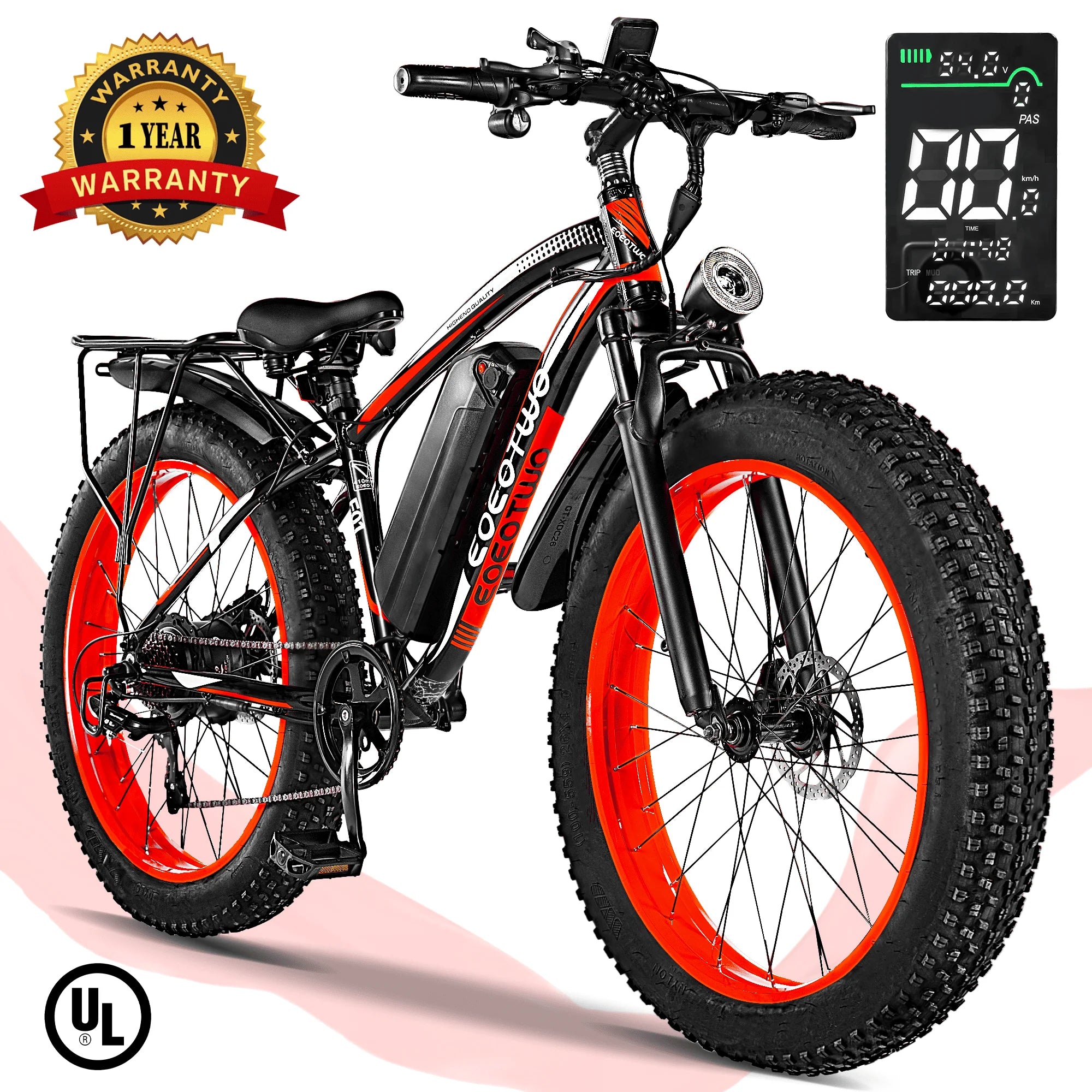 EOEOTWO E01 Electric Bike Adult 26" Fat Tire 1500W Peak Motor Electric Bicycle 34Mph Mountain E Bike 60Mile Range E Bike UL2849