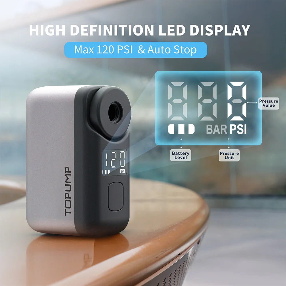 TOPUMP TB2 PRO Electric Mini Portable Pump for Bike Cordless Tire Inflator 120PSI Max 450mAh Battery with Display Fast Charging