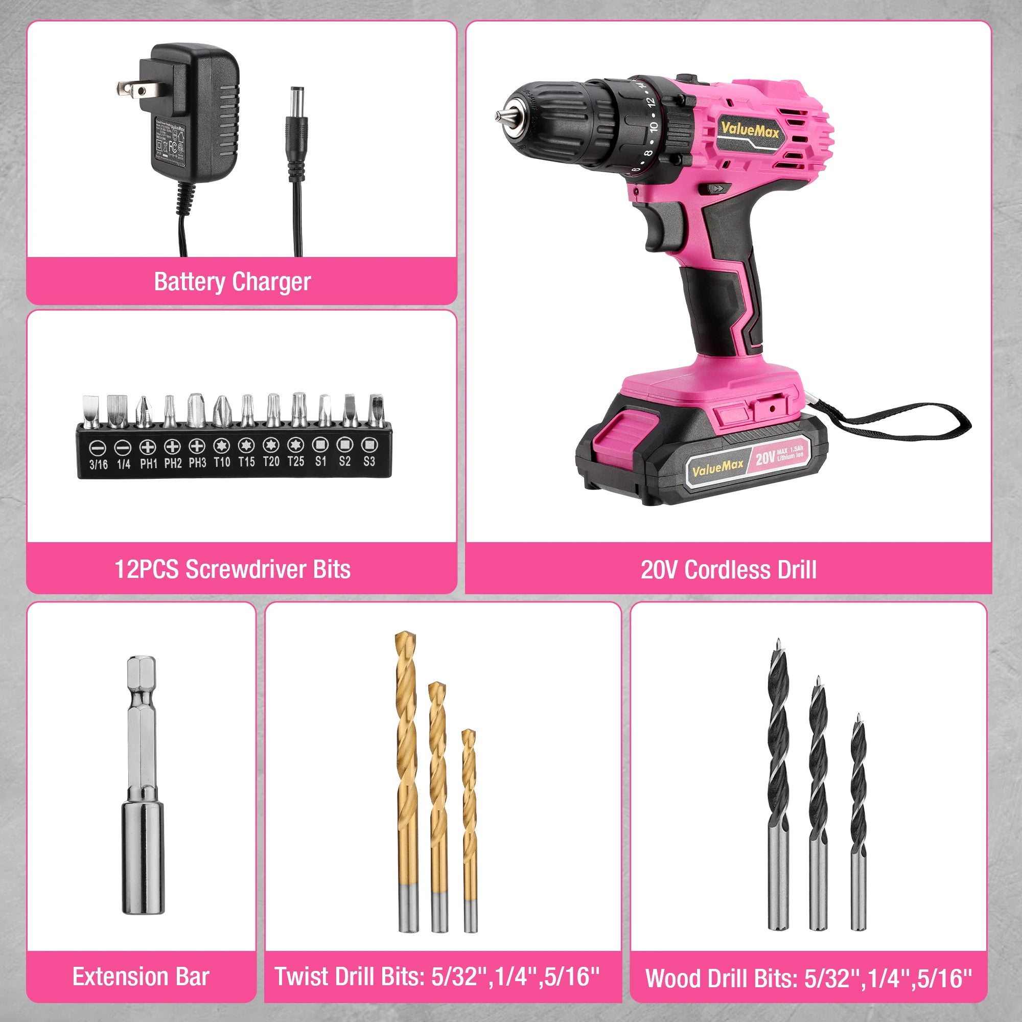 ValueMax 20V 3/8" Pink Cordless Drill Set.