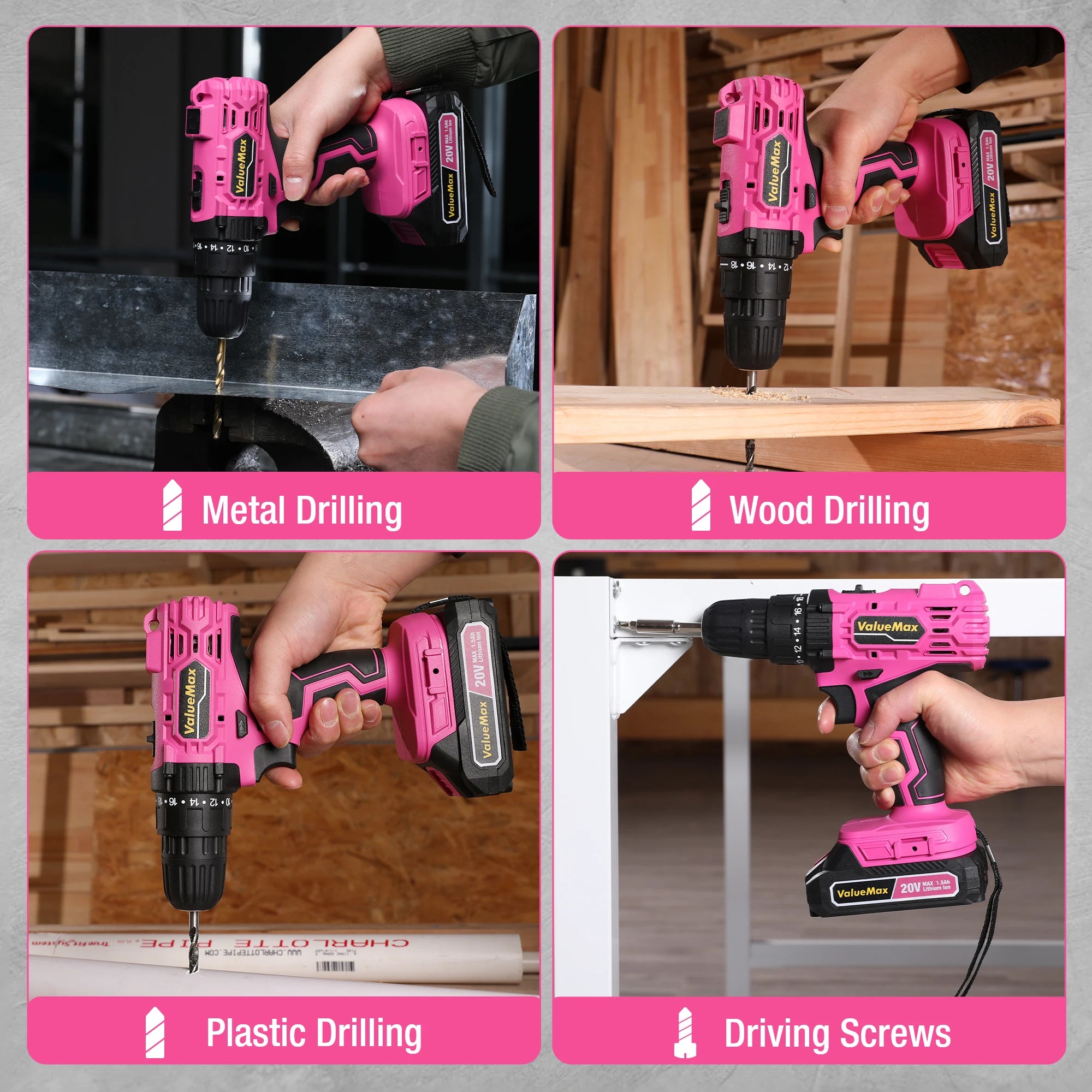 ValueMax 20V 3/8" Pink Cordless Drill Set.
