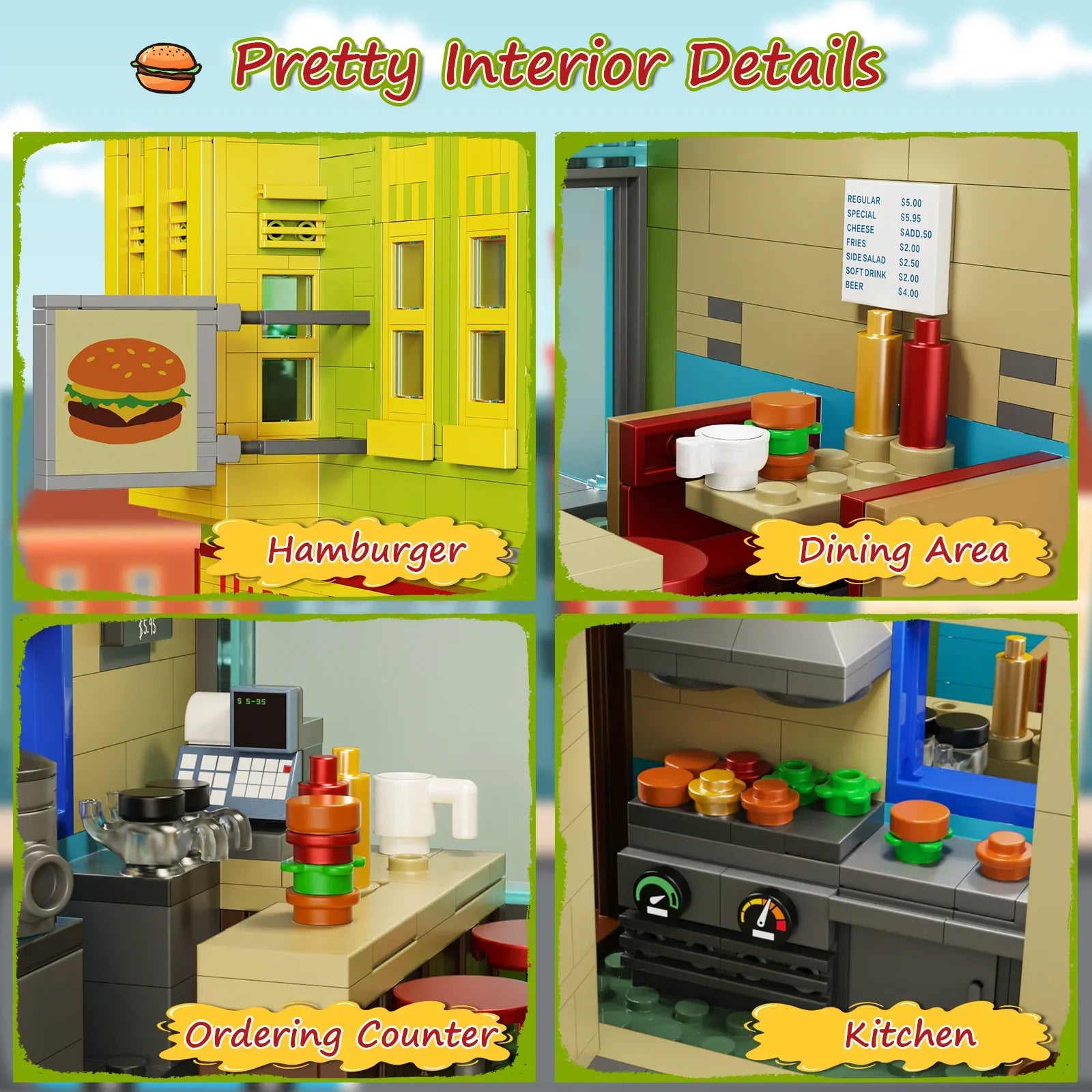 BuildMOC Burgers Store Building Block Set Ideas Bob Movie Street View Model Toys Children Gifts(1018PCS)