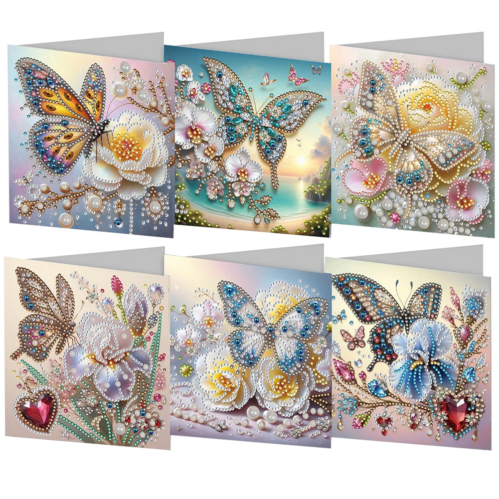 6pcs 5D Rhinestone Arts Greetings Birthday Card DIY Diamond Art Greeting Cards Handmade Diamond Painting Greeting Thank You Card