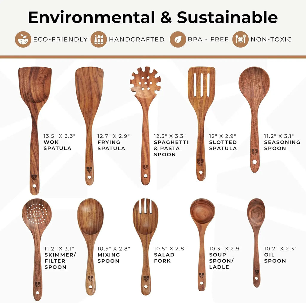 10-Piece Teak Wood Cooking Utensil Set, Durable, Nonstick Safe & Heat Resistant with Ergonomic Handles