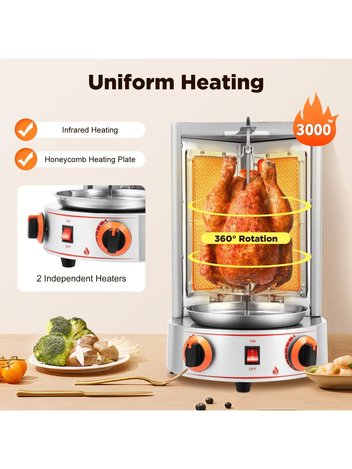 Electric Vertical Broiler 360° rotating Shawarma Gas Rotisserie Gyro Grill Machine with 2 Burner for Commercial Home Kitchen