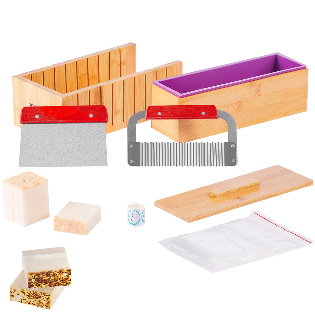 Soap Making Kit Bamboo Cutting Box and Inner Box with Silicone Mold Stainless Steel Straight Cutter and Wavy Cutter
