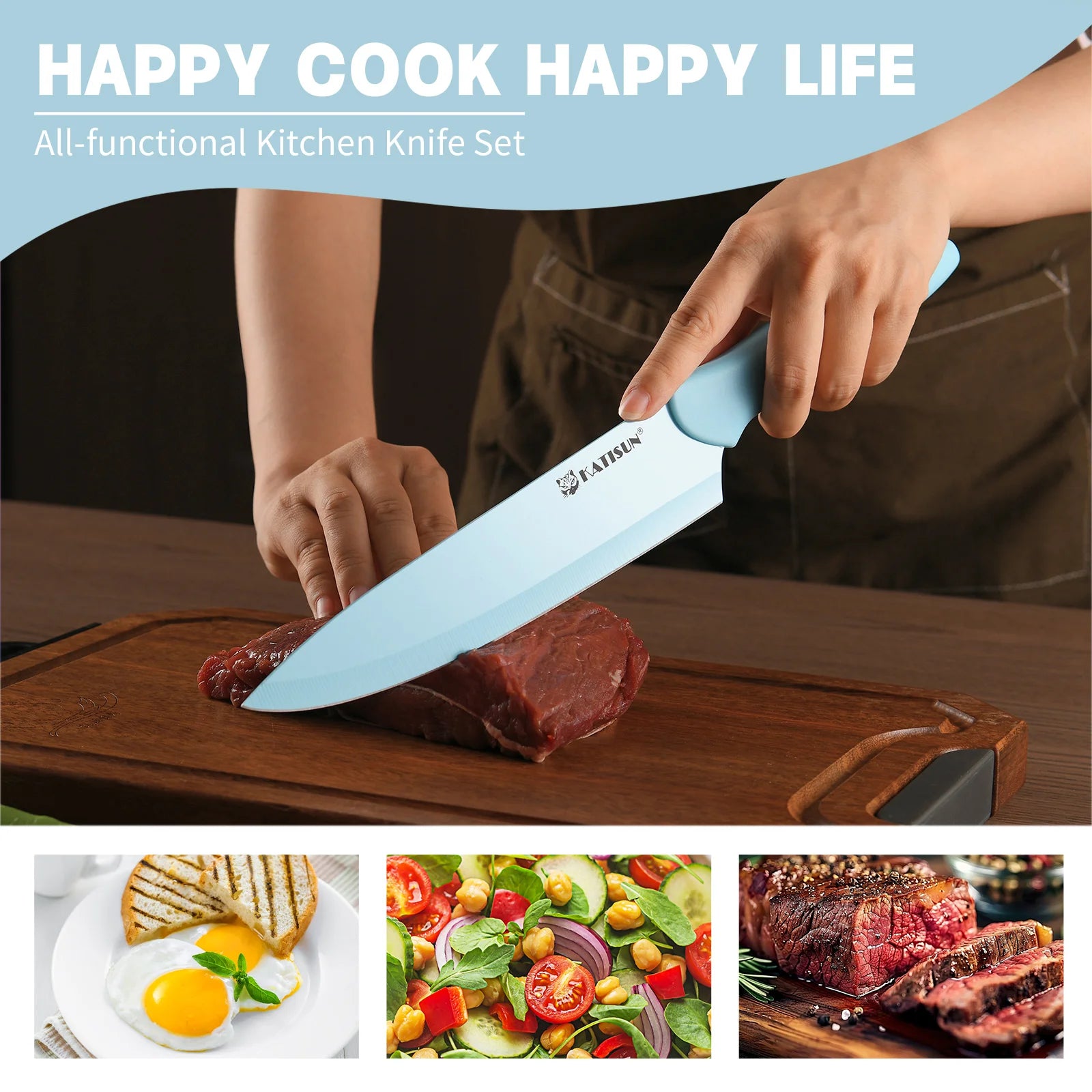 14 Pieces Blue Kitchen Knife Color Block Set , Anti-Rust Color Titanium Coated Carbon Steel, 12 Knives with Shears and Block