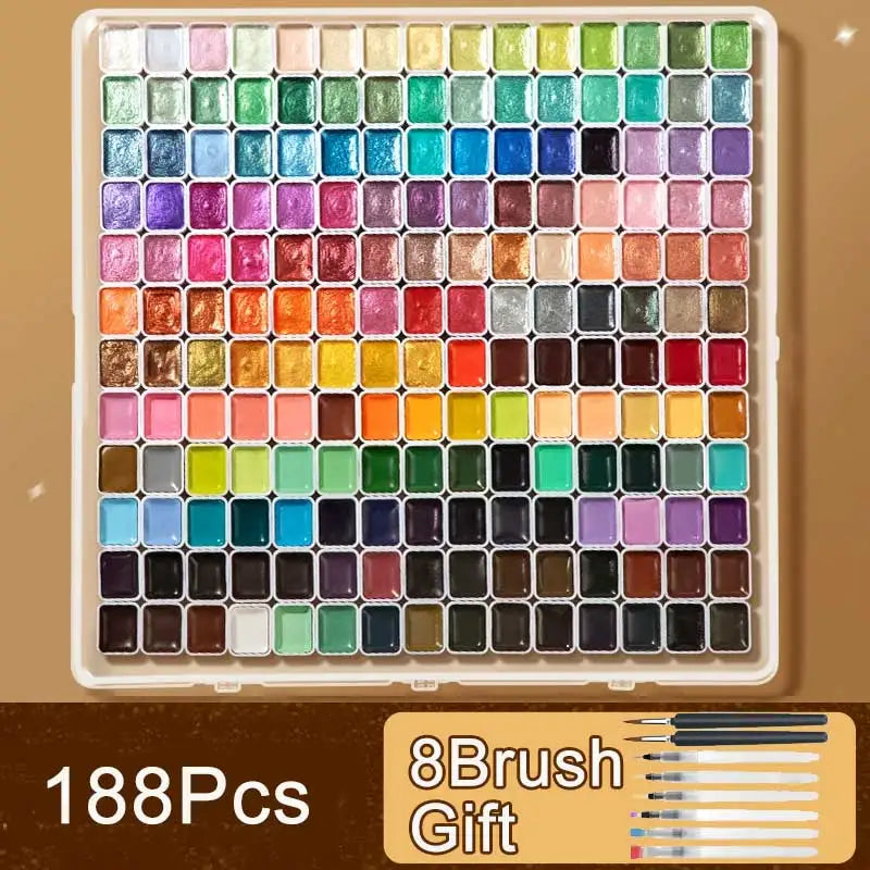 180Pcs Watercolor Paint Set with 8Pcs Brush Professional, Watercolor Brush Solid Pigment Portable Kit Starry Colors for Painting