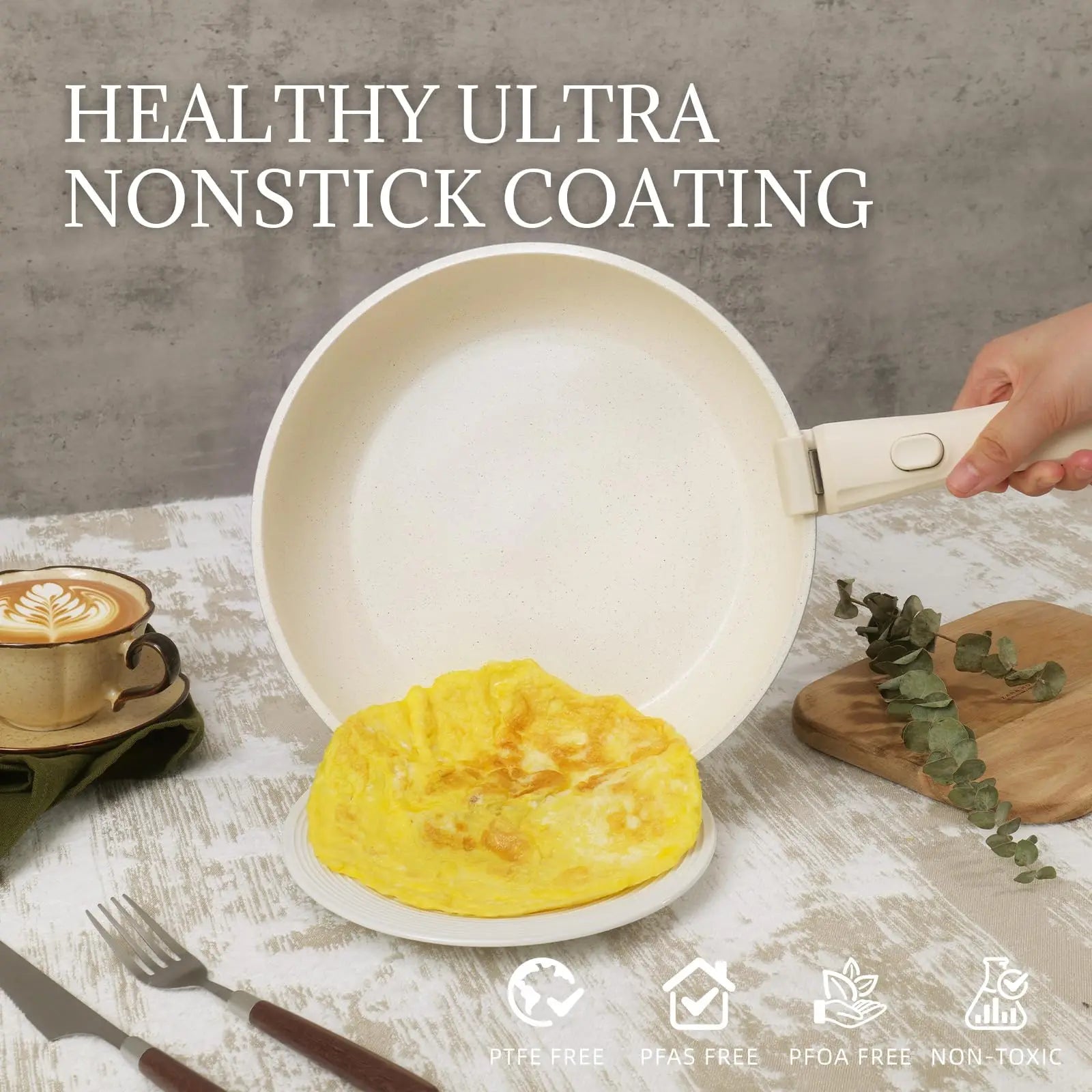 Ceramic Coated Cookware Set 8Pcs, Induction Compatible & Dishwasher Safe, Cream White