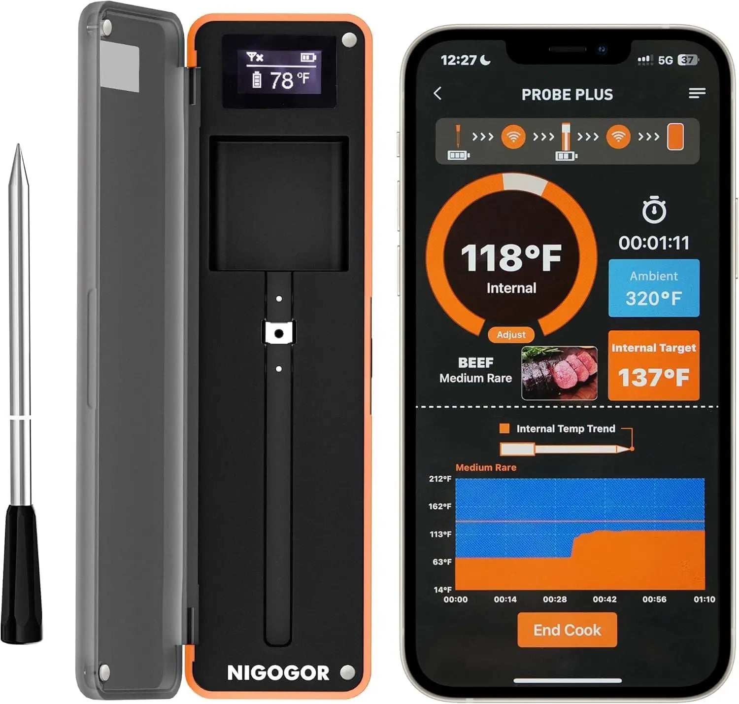 Wireless Meat Thermometer with Bluetooth, Dual Sensors for BBQ Grill Smoker, iOS Android App Monitoring