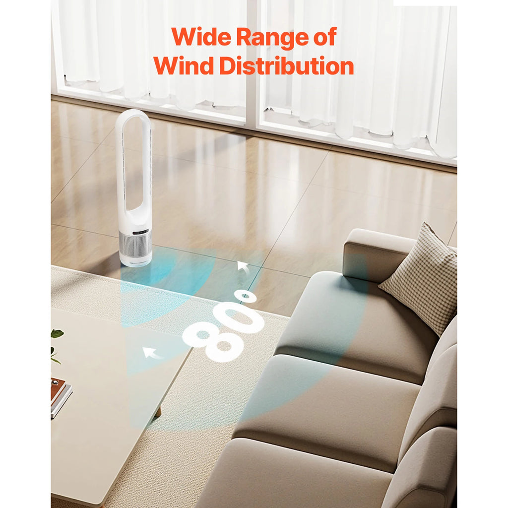 VEVOR Tower Fan Bladeless 15.4ft/s Velocity Floor Blows Cold Air 80° Oscillating 8-Speed Fans 8e Control & Air Purification Mode