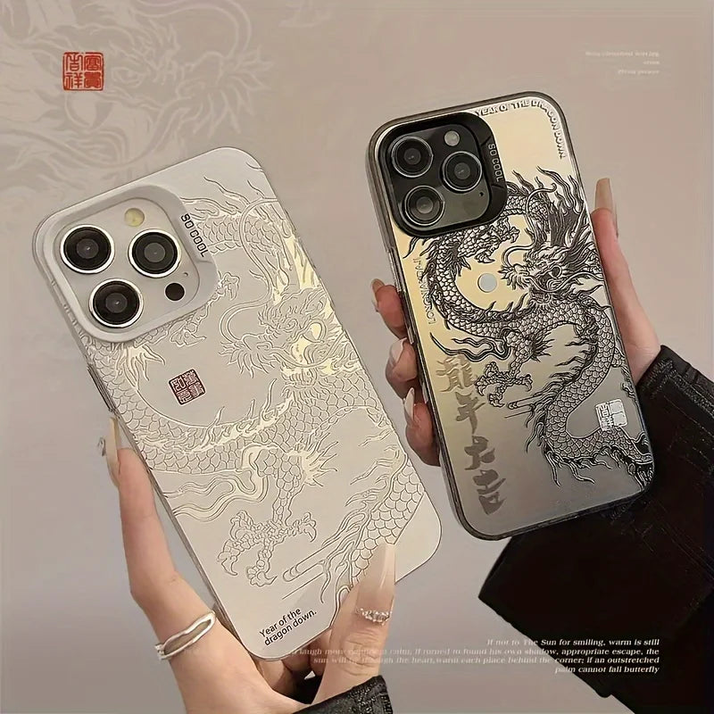 high-end black and white dragon pattern print phone case.