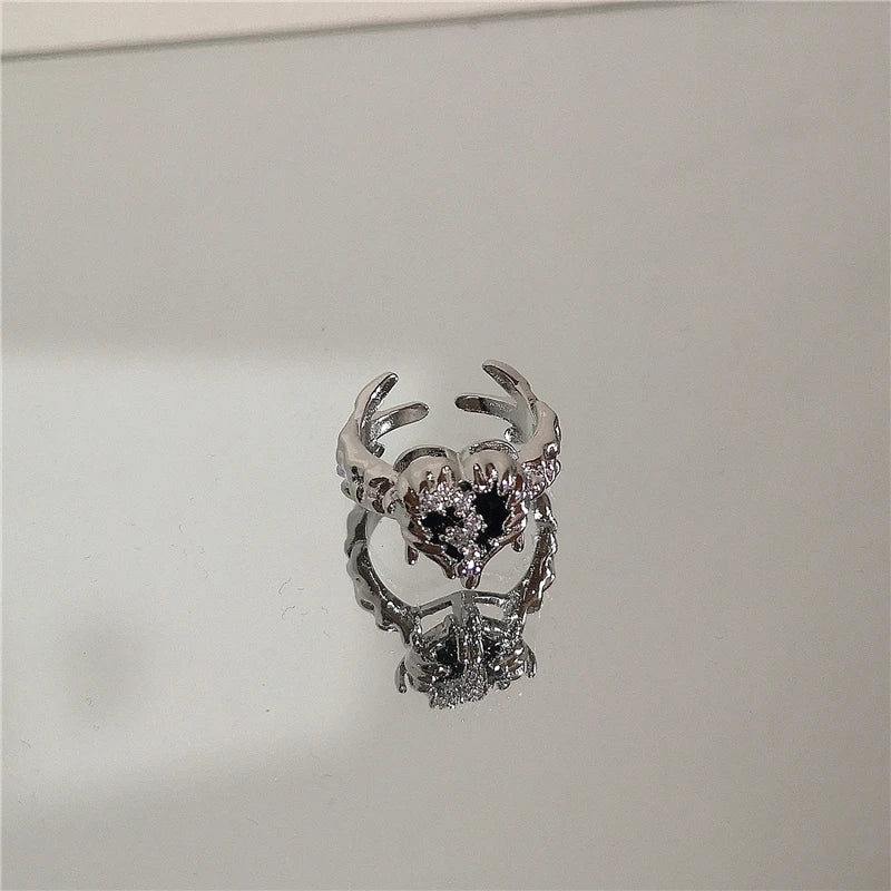 Punk Harajuku Goth Thorns Black Silver Color Irregular Heart Cross Open Ring.