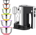600W Electric Hand Mixer with 6 Stainless Steel Bowls and Lids for Kitchen Baking