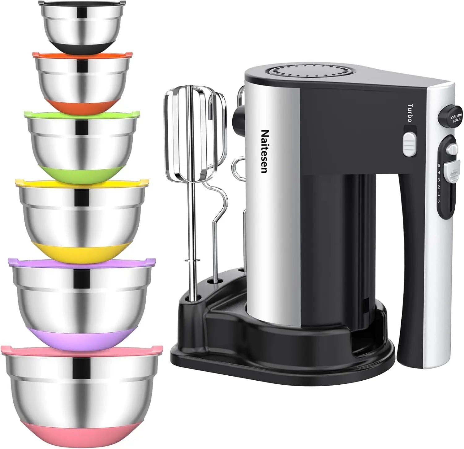 600W Electric Hand Mixer with 6 Stainless Steel Bowls and Lids for Kitchen Baking