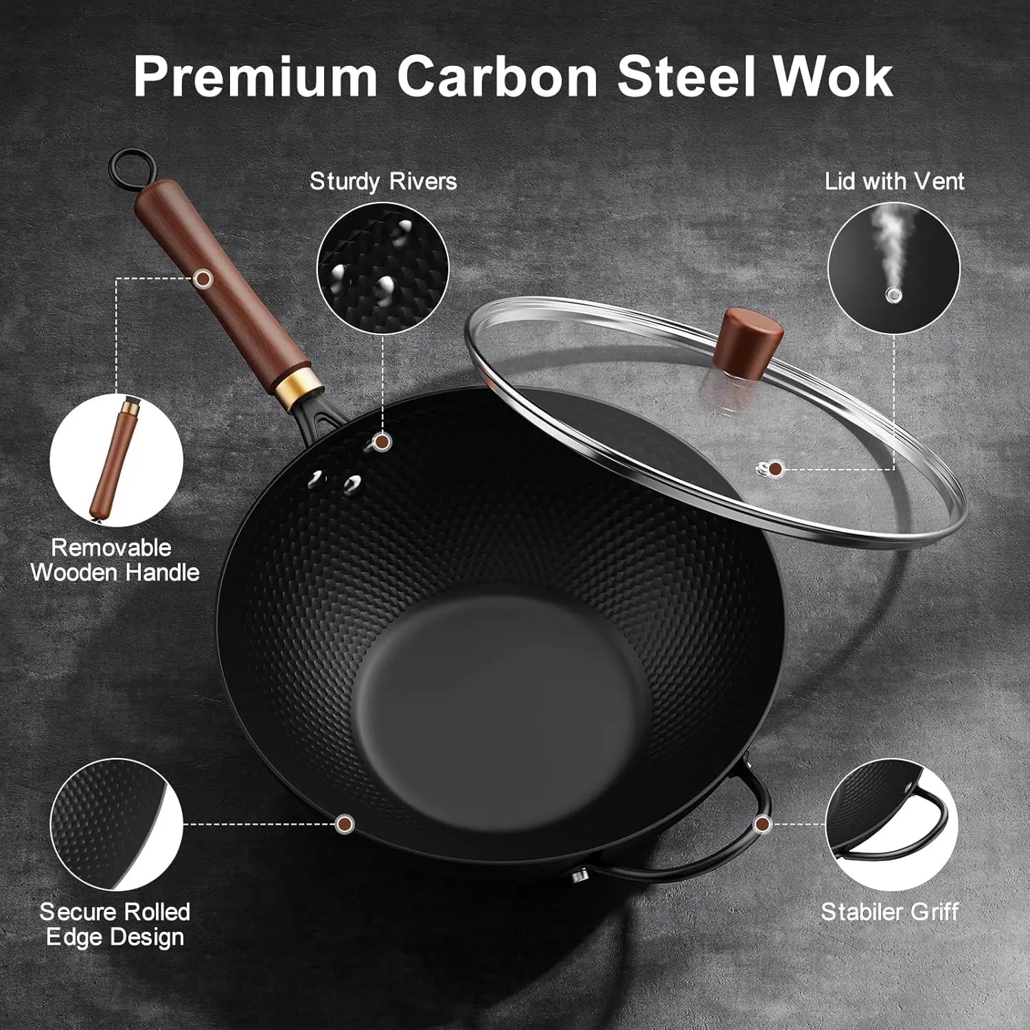 13-Inch Carbon Steel Wok Pan with Glass Lid, Nonstick for All Stoves Including Induction