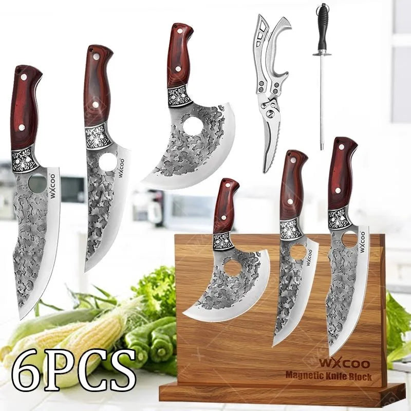 6PCS Stainless Steel Knife Forged Kitchen Knife Set Meat Fish Slicing Boning Butcher Cleaver Knife Professional Kitchen Scissors