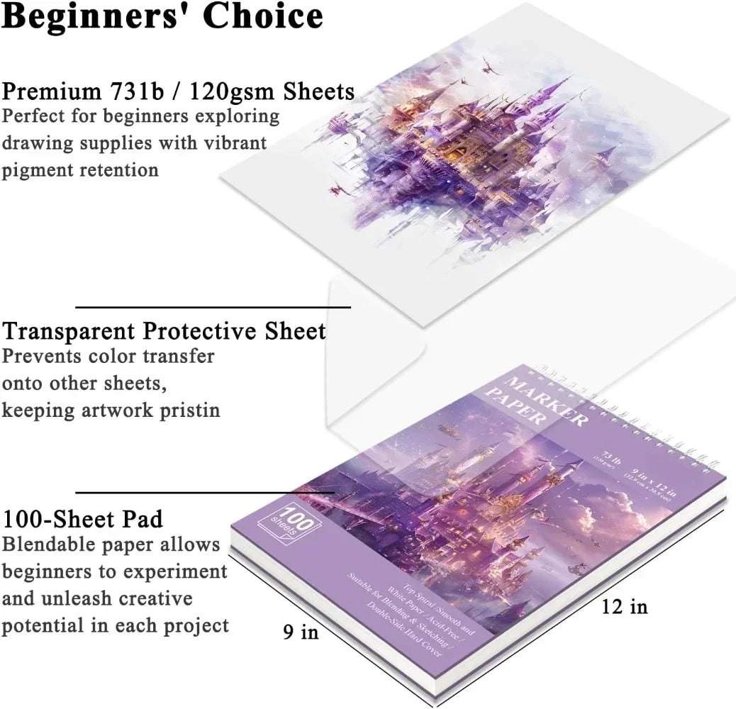 9"x12" marker paper sketchbook, 120 GSM / 73 lbs alcohol marker paper, 100 hardcover sketchbooks