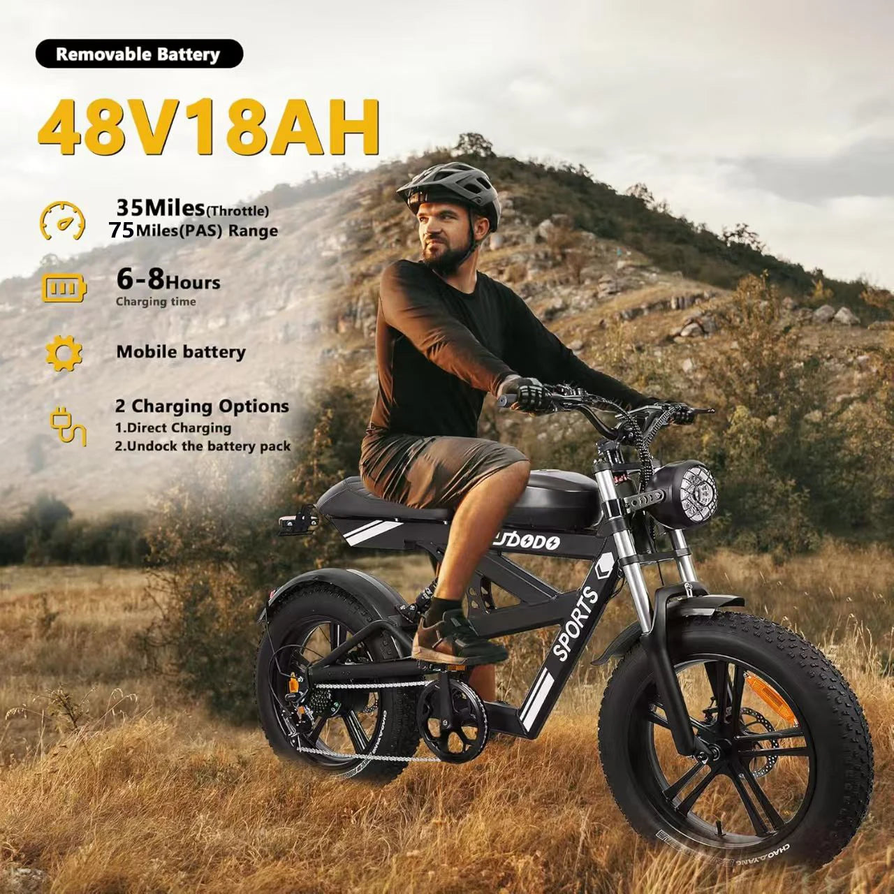 Electric Bicycle Motorcycle 1500W Peak 75Miles 48V18AH Battery 7 speed.