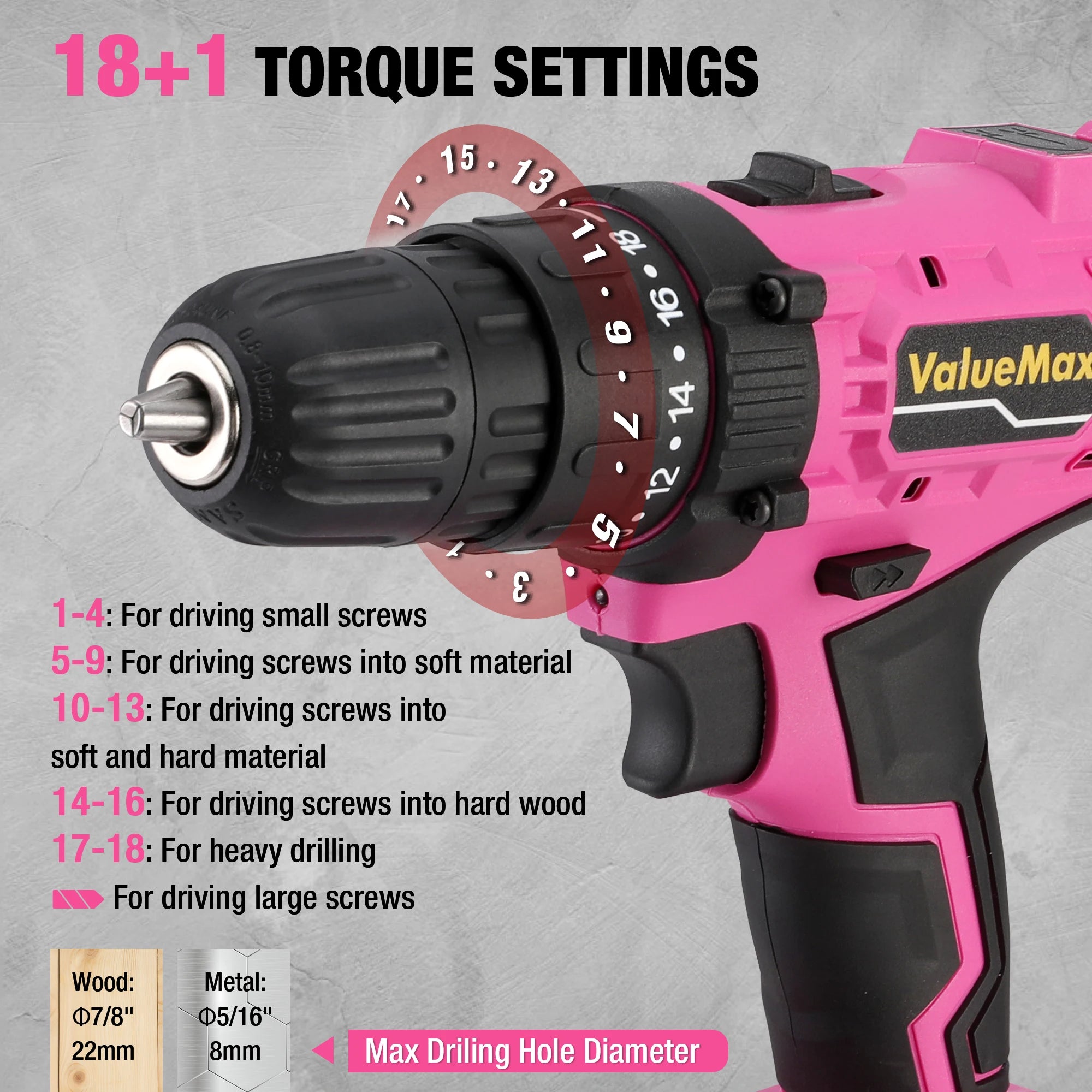ValueMax 20V 3/8" Pink Cordless Drill Set.