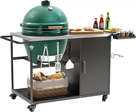Heavy metal outdoor grill stand prep table with wheels, plenty of storage, for big green egg