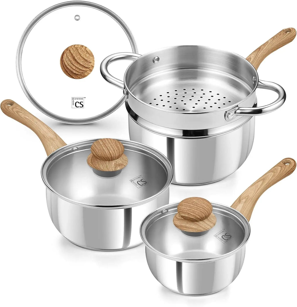 Stainless Steel Saucepan Set with Steamer, 18/10 Tri-Ply Base, Cool-Touch Handles, Induction Compatible for Healthy Cooking