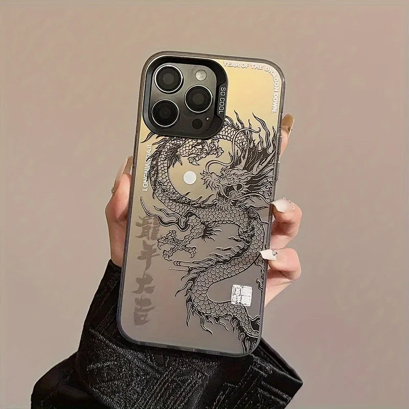 high-end black and white dragon pattern print phone case.