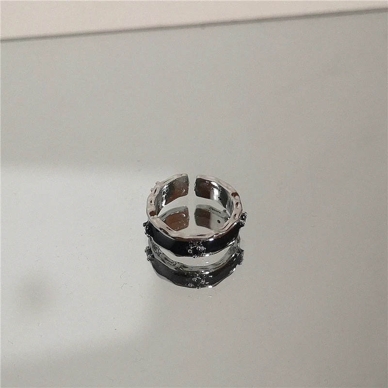 Punk Harajuku Goth Thorns Black Silver Color Irregular Heart Cross Open Ring.