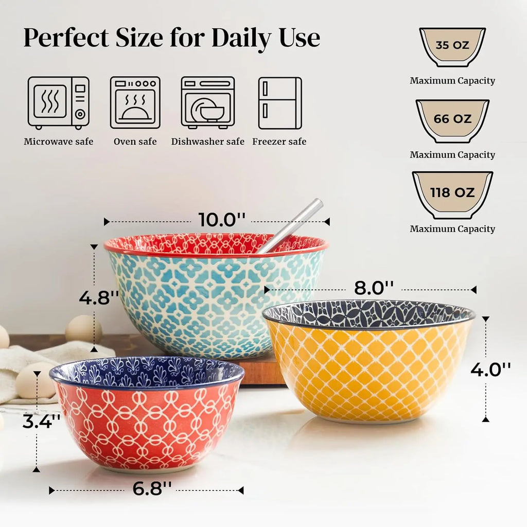 Colorful Ceramic Mixing Bowls Set of 3, Microwave & Dishwasher Safe for Cooking Baking Serving