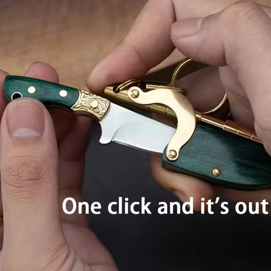 Mini Folding Knife Keychain Portable Pocket Knife Green Wood Handle Brass Decor