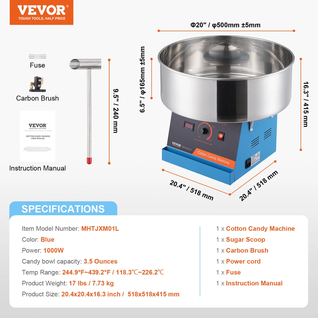 Electric Cotton Candy Machine 1000W Candy Floss Maker Commercial Cotton Candy Machine Stainless Steel Bowl Sugar Scoop
