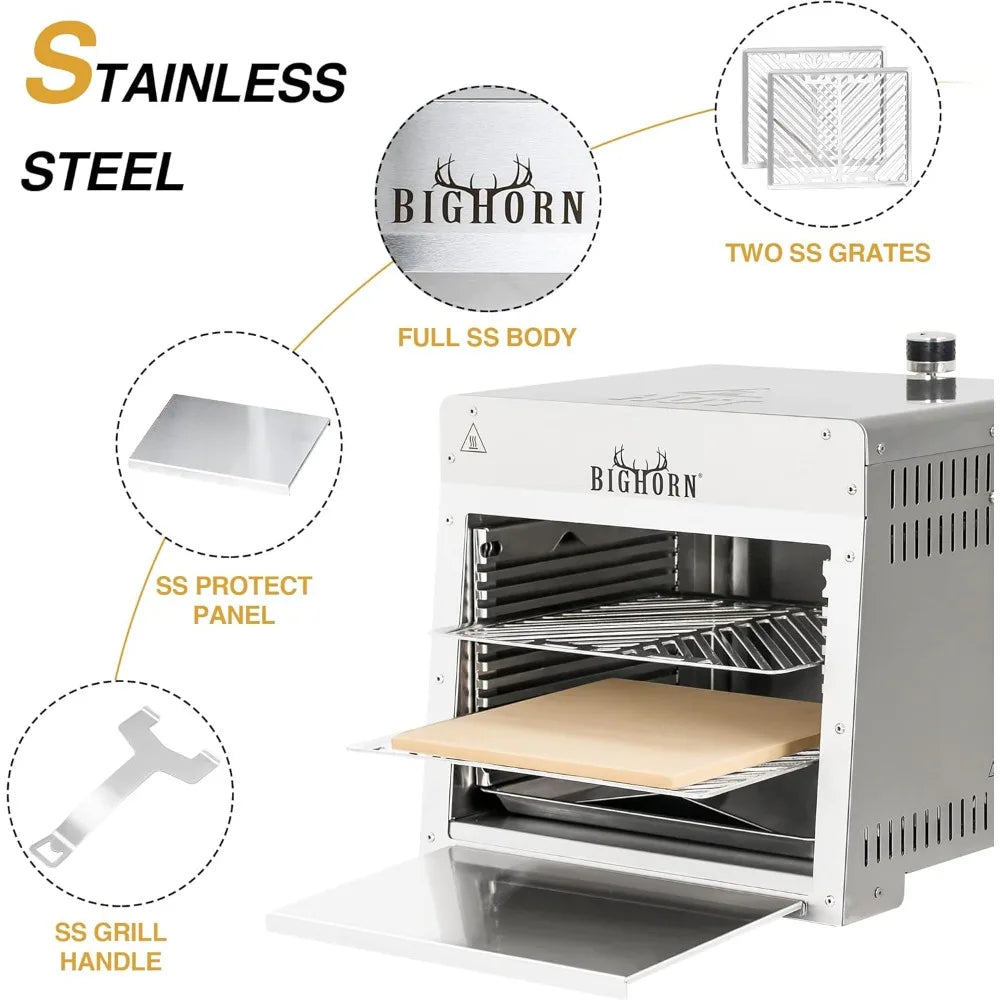 1500°F Small Infrared Propane Gas Grill – Portable Steak Broiler & Sear Station, Outdoor Salamander BBQ with Pizza Stone, Stain