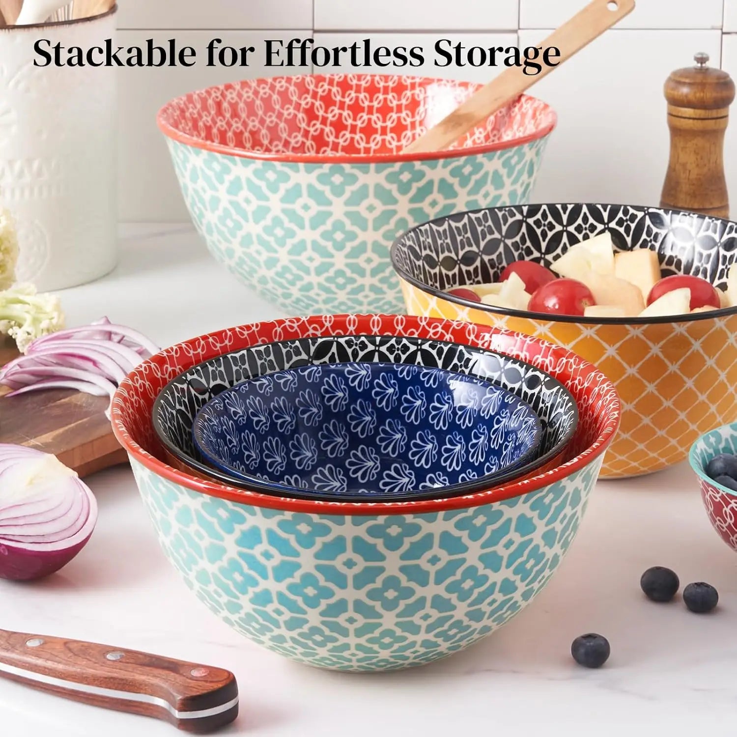 Colorful Ceramic Mixing Bowls Set of 3, Microwave & Dishwasher Safe for Cooking Baking Serving