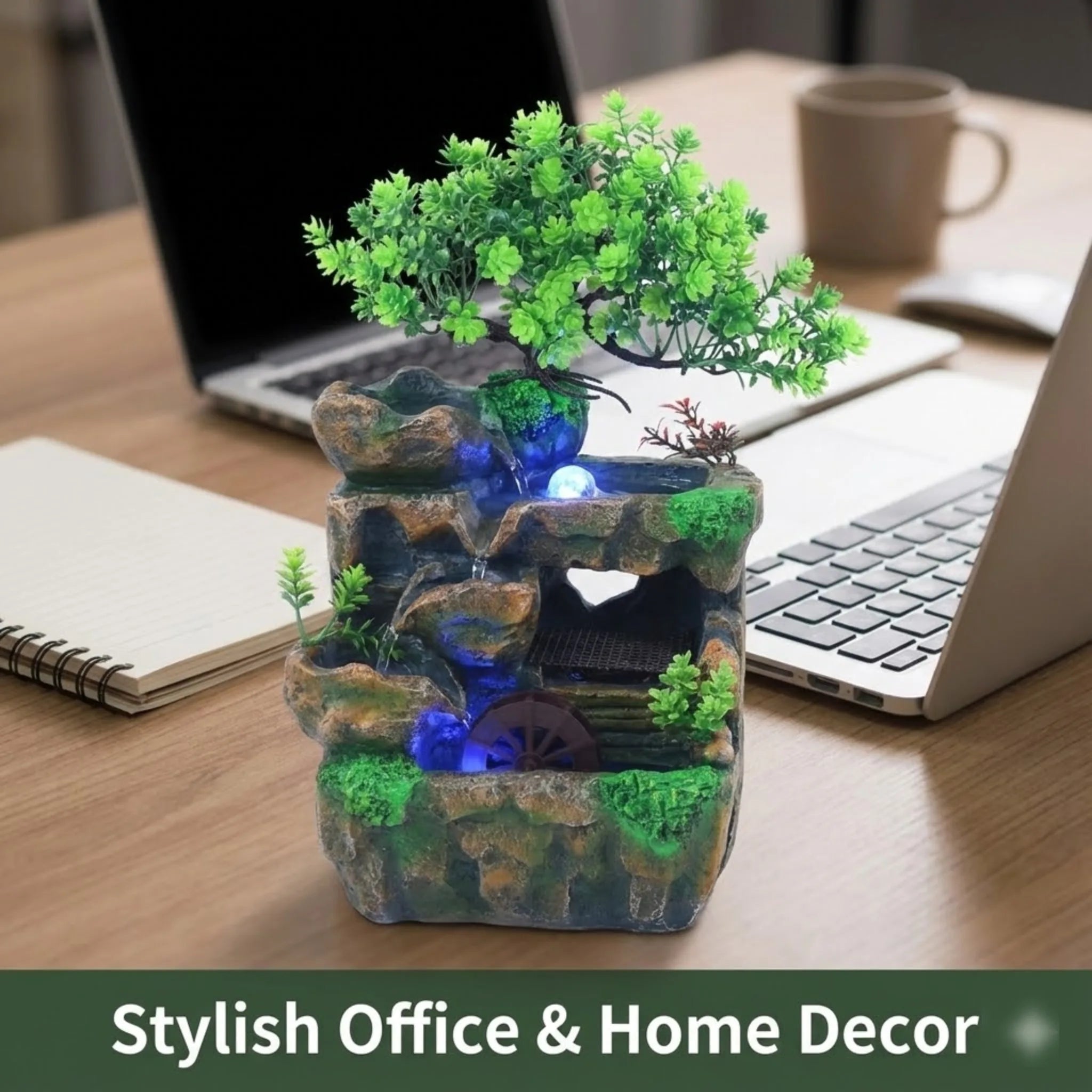 Small Rockery Waterfall with Light, Relaxing Water Sound.