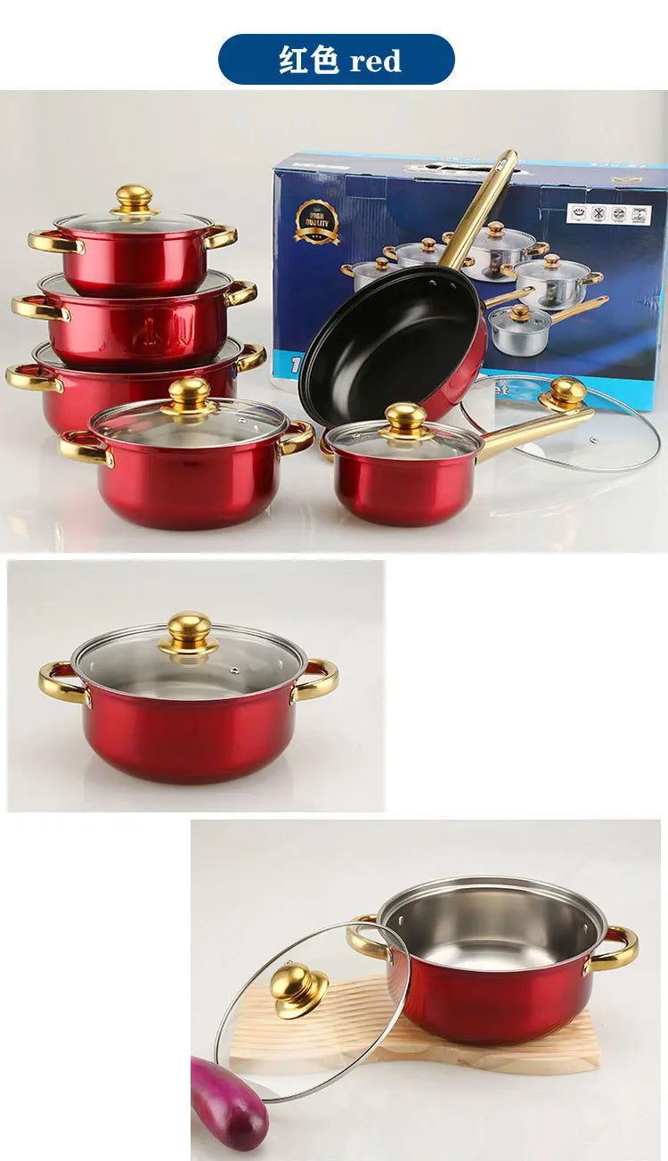 12PCS of Stainless Steel Colored Cookware Set Non-stick Pan Gold-plated Handle Soup Pot Milk Pot Pan Frying Pot Kitchenware