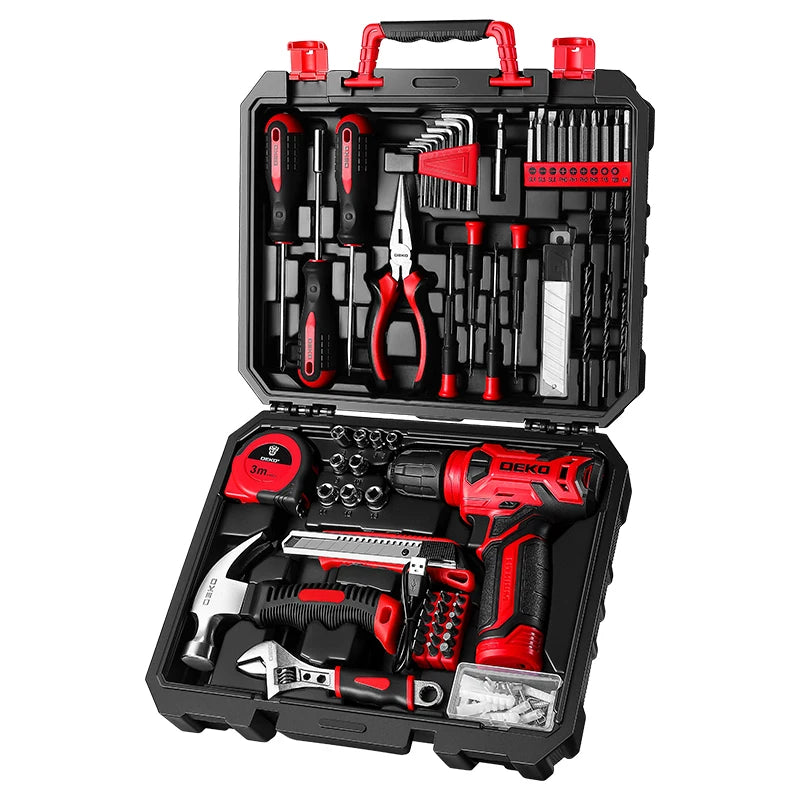 Drill Set Tool Set with 8V Red Cordless Drill, Home Tool Kit with Drill, Hand Tool Kits for Women 126 Piece