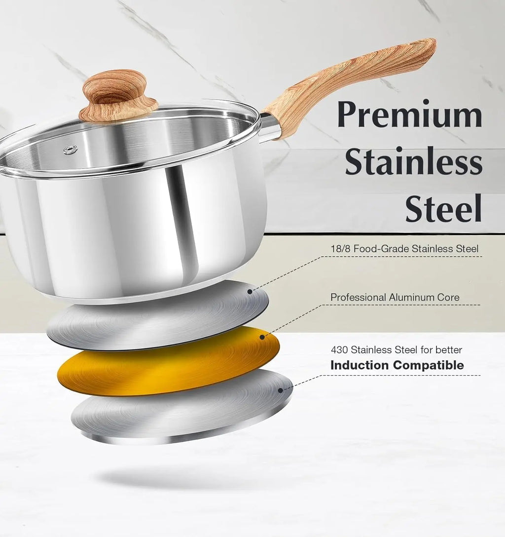 Stainless Steel Saucepan Set with Steamer, 18/10 Tri-Ply Base, Cool-Touch Handles, Induction Compatible for Healthy Cooking