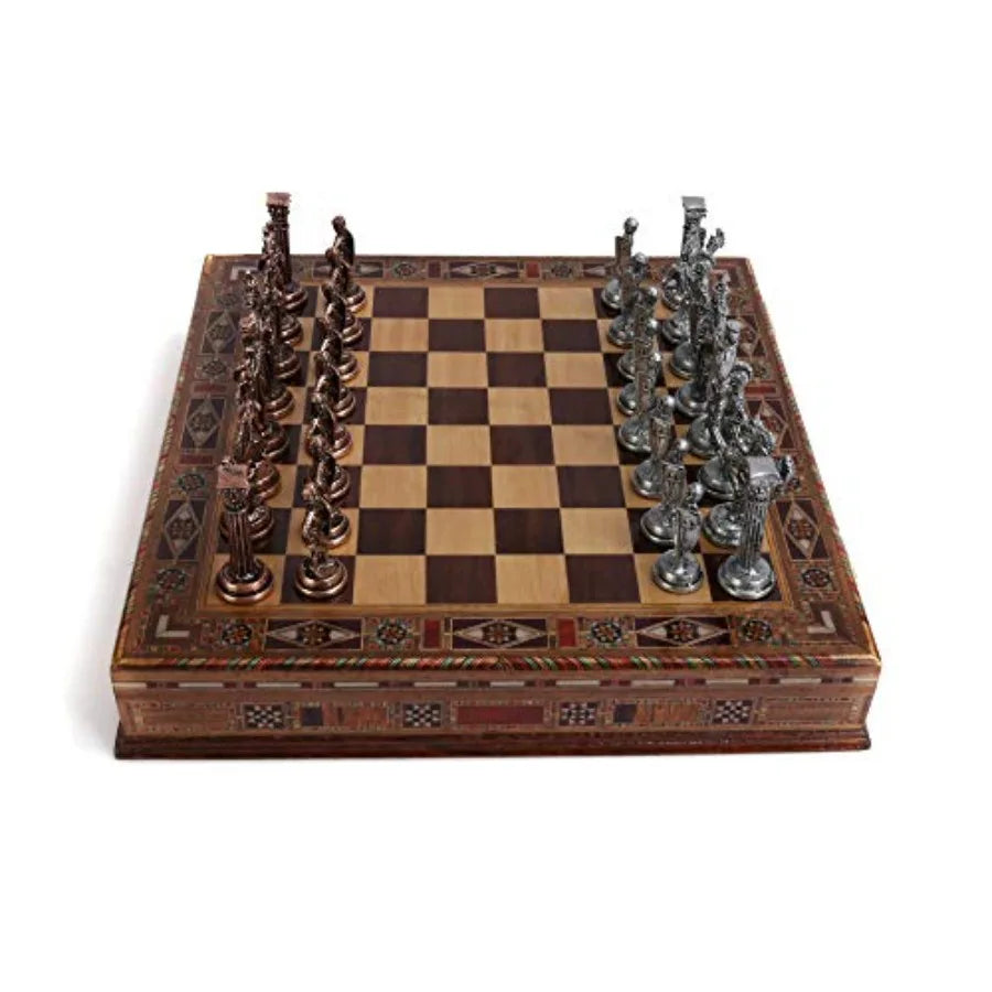 Medieval British Army Antique Copper Metal Chess Set for Adults Handmade Pieces and Natural Solid Wooden Chess Board with Hidde