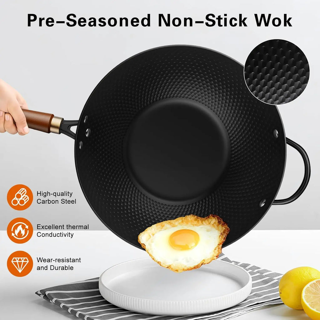 13-Inch Carbon Steel Wok Pan with Glass Lid, Nonstick for All Stoves Including Induction